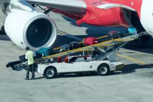 Worker loads the luggage in the plane.